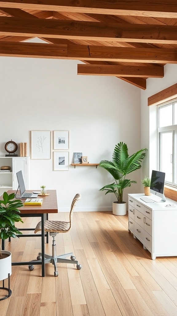 Modern farmhouse office with wooden beams, desk, and plants.