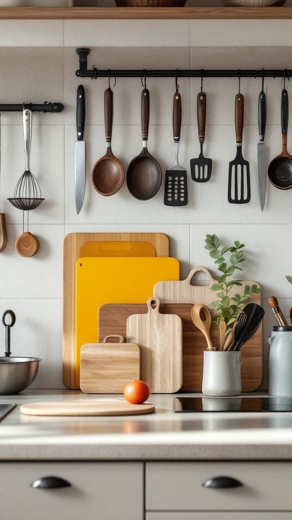 A functional kitchen prep area with hanging utensils, cutting boards, and a small orange on the counter.