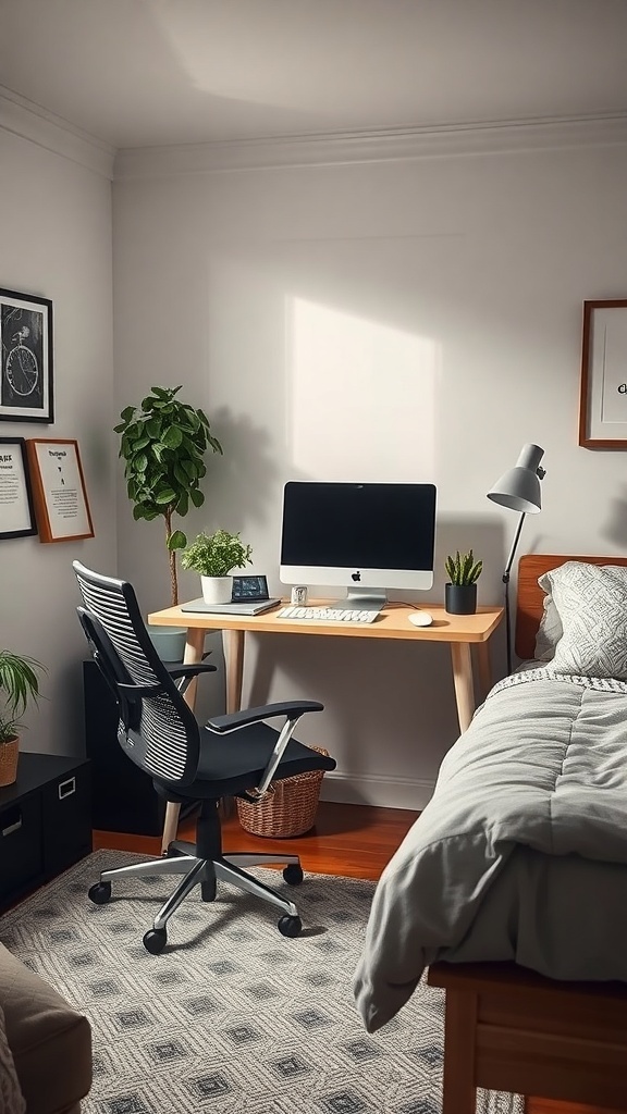 A cozy work-from-home setup in a bedroom featuring a desk, computer, and plants.