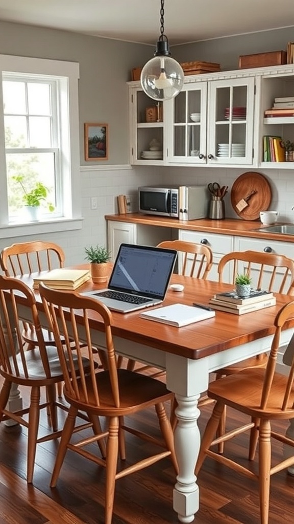 A farmhouse kitchen table with a laptop, notebooks, and plants, creating a functional workspace.