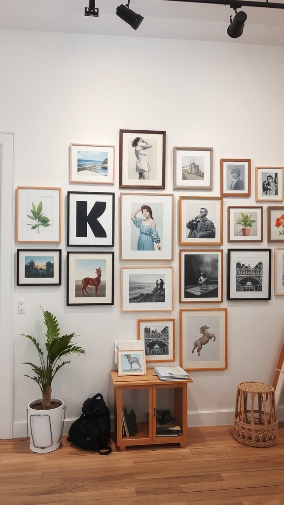 A gallery wall featuring various framed artworks, including portraits and botanical prints, with a potted plant and wooden table in front.