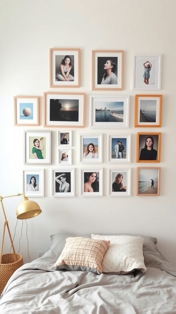 A gallery wall in a teen girl's bedroom featuring various framed photos and art pieces.