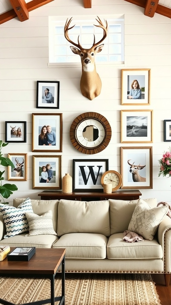 A cozy living room with a gallery wall featuring deer mounts and framed photos.