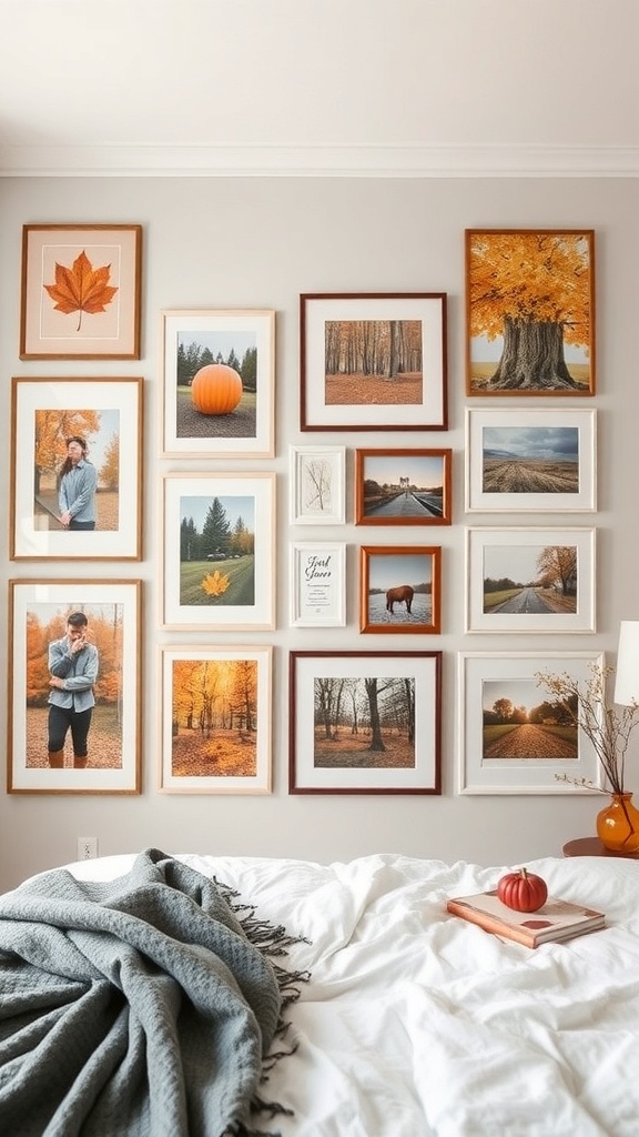 A cozy bedroom featuring a gallery wall with fall-themed photos, including leaves, pumpkins, and scenic autumn landscapes.