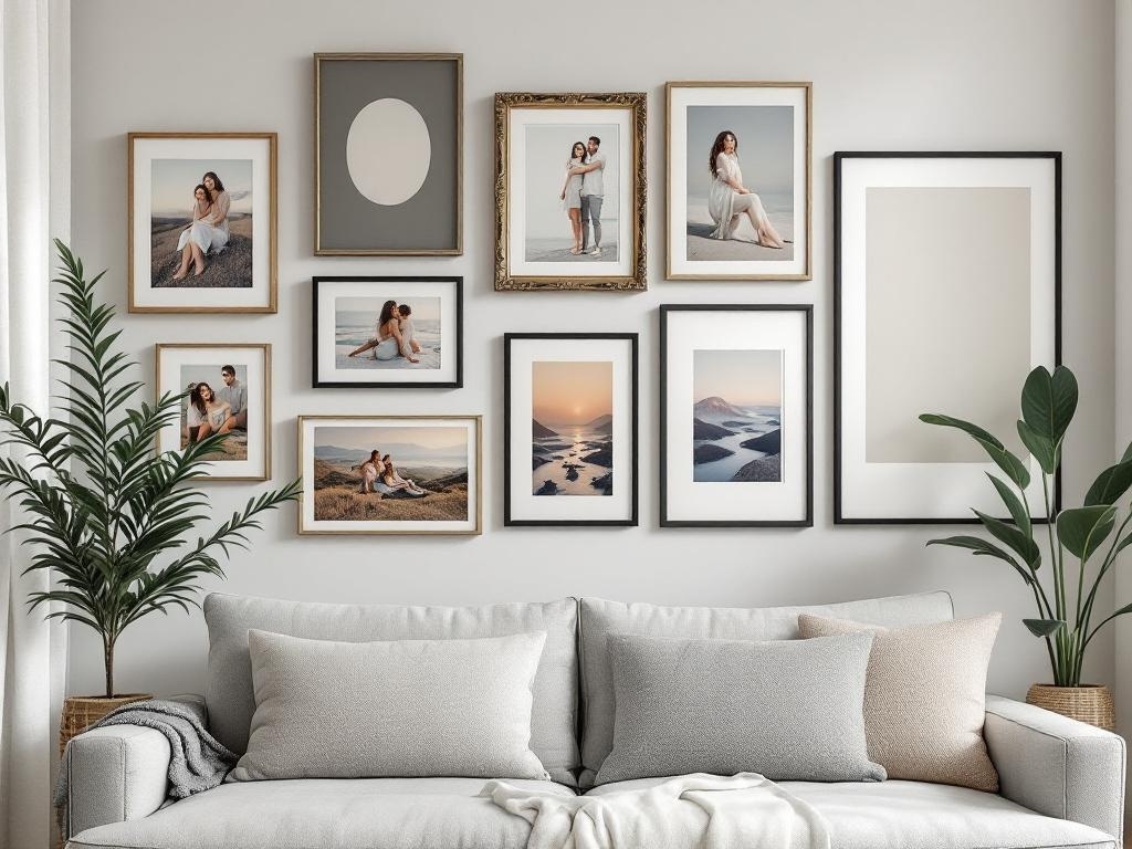 A gallery wall featuring various framed personal photos, with a cozy couch and plants.