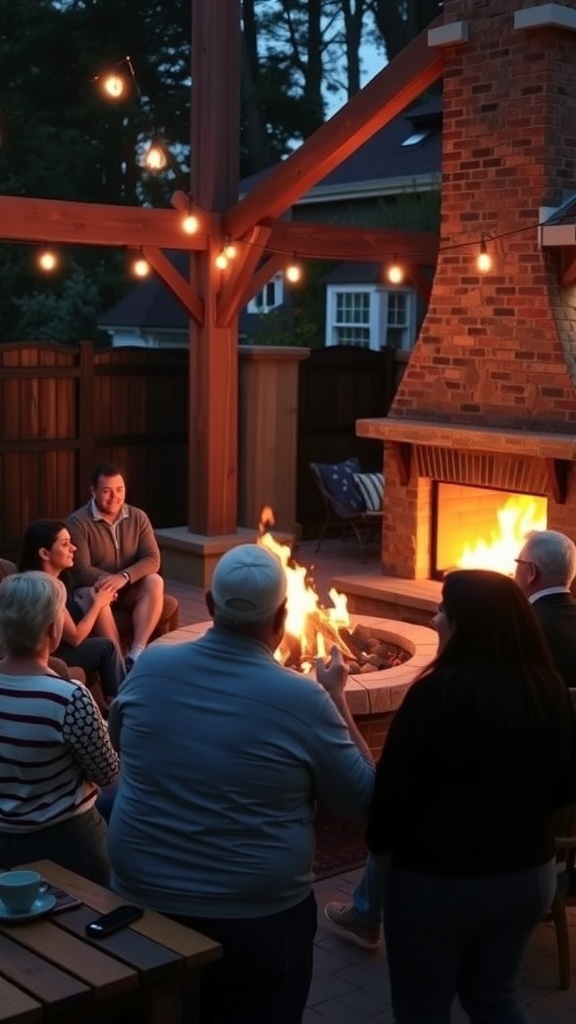 A group of friends enjoying time around a rustic outdoor fireplace with warm lighting.