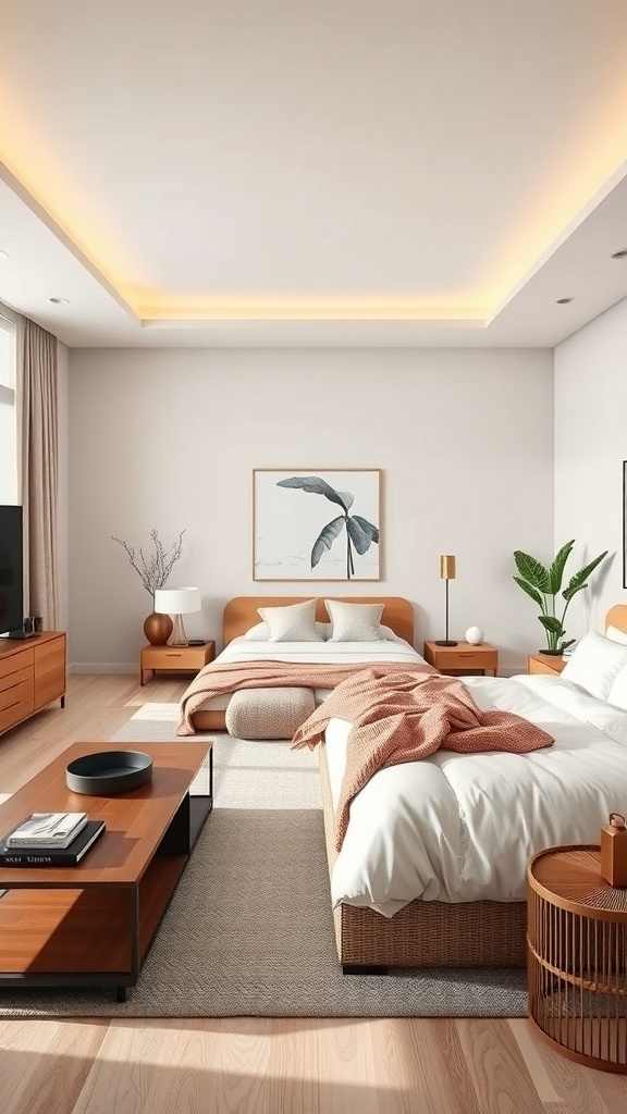 A modern master bedroom with an open layout featuring a cozy bed, stylish furniture, and warm lighting.