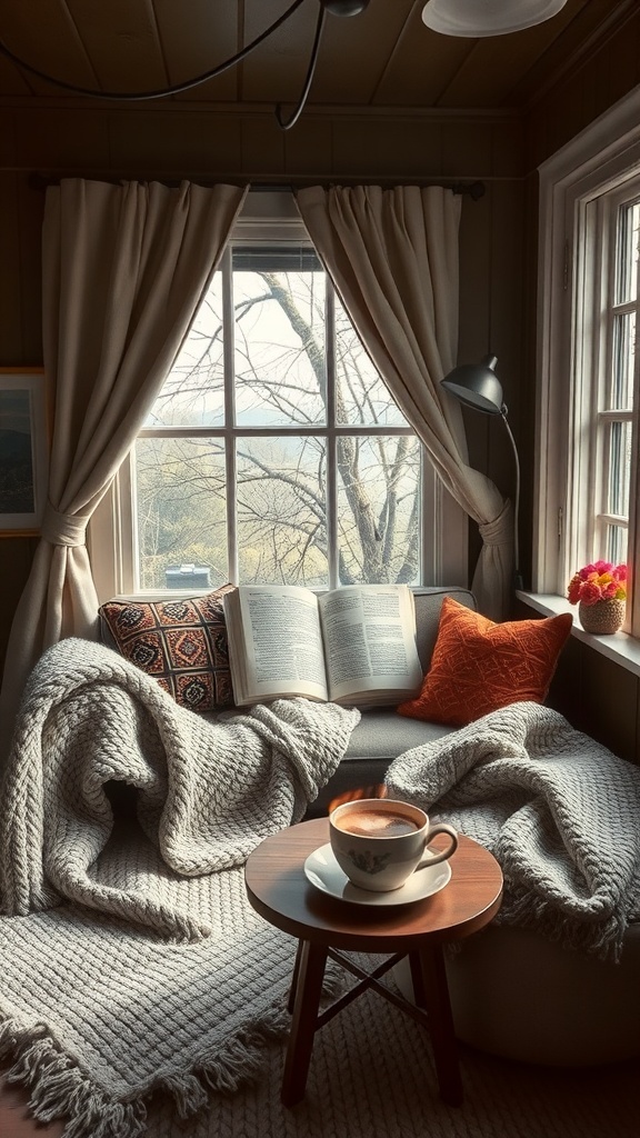 Cozy winter home with soft blankets, books, and candles