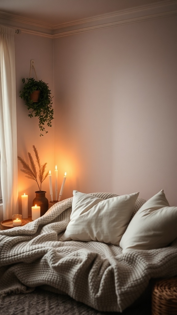 Cozy living space with soft blankets, pillows, candles, and plants.