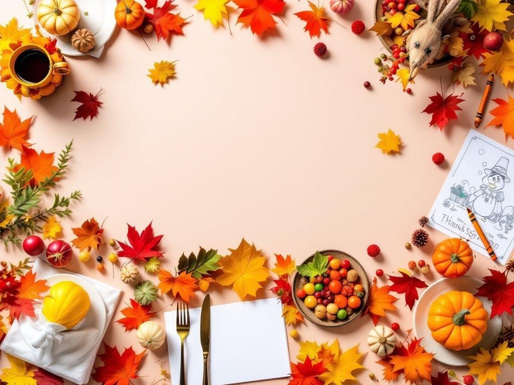 A festive Thanksgiving dining table with colorful leaves, mini pumpkins, and a coloring page for kids.