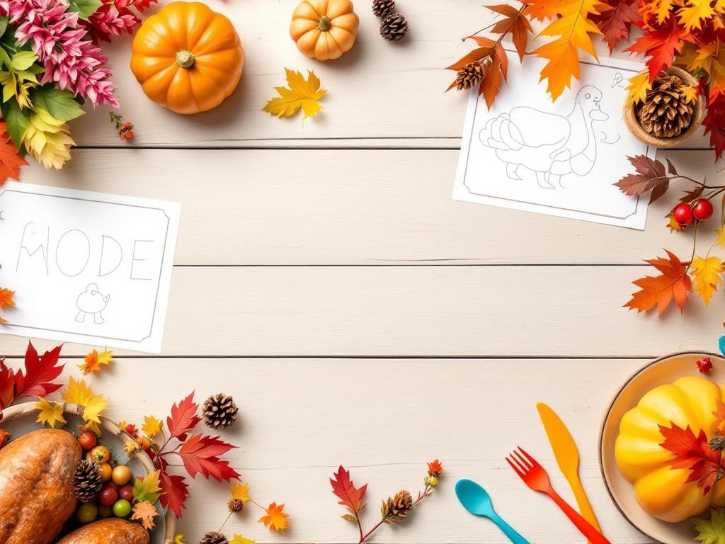 A kid-friendly Thanksgiving table setting with colorful utensils, pumpkins, and autumn leaves.