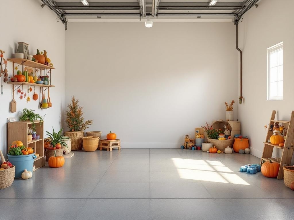 A spacious garage decorated for Thanksgiving with pumpkins, plants, and toys, creating a playful atmosphere for kids.
