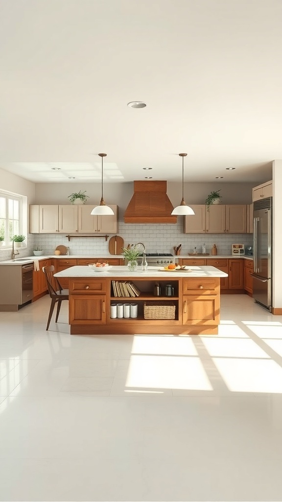 A bright farmhouse kitchen featuring a multi-functional island with wooden cabinets and a marble countertop.