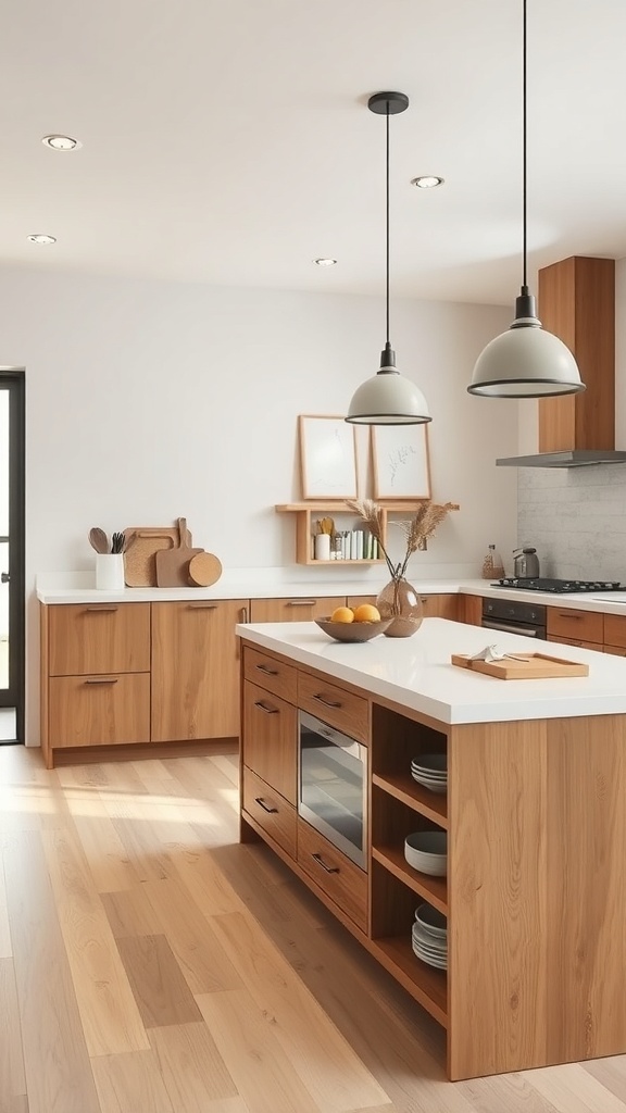 A modern kitchen featuring a wooden peninsula with pendant lighting and open shelving.