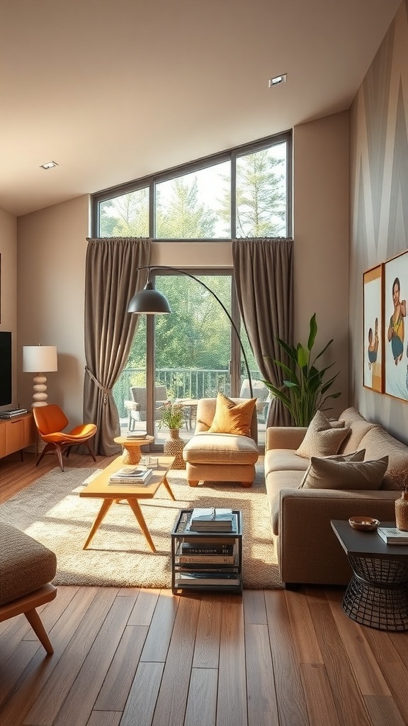 A cozy living room with large windows, warm wood floors, and comfortable furniture, designed for relaxation and multi-functionality.