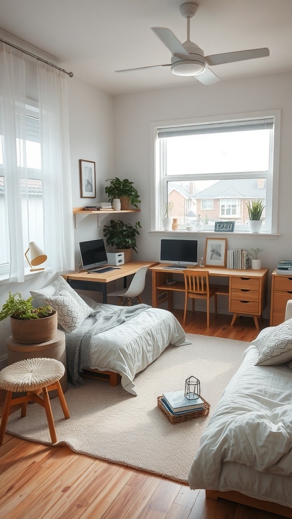 Cozy bedroom with two beds, a desk, and plants, showcasing a multi-functional space.