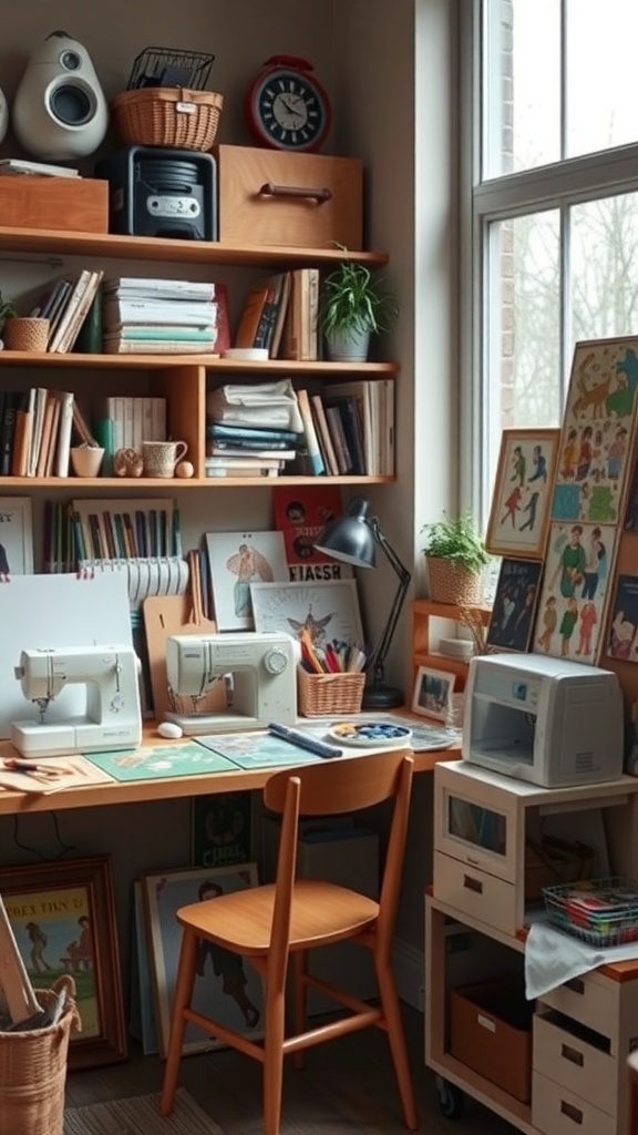 A cozy hobby room with a desk, sewing machines, art supplies, and shelves filled with books and decorations.