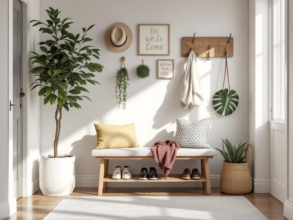 A bright and inviting entryway featuring a bench, plants, wall art, and hooks.