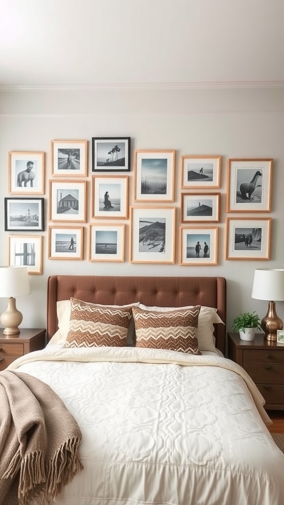 A beautifully arranged gallery wall with framed black and white photos above a bed with decorative pillows.