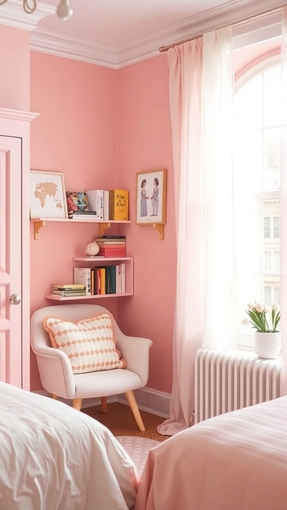 Cozy pink reading nook with a chair, pillows, and bookshelves.