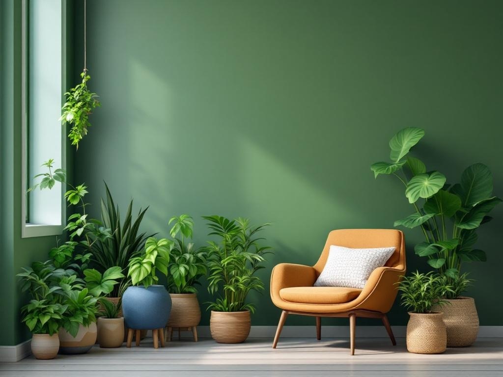 A cozy room with an orange chair and various green plants against a green wall.