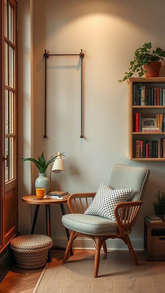 A cozy reading corner featuring a comfortable chair, side table, and plants.