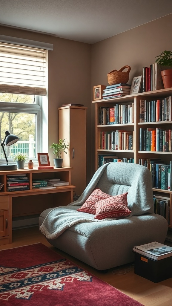 Cozy reading corner in a dorm room with a soft chair, bookshelves, and warm lighting.