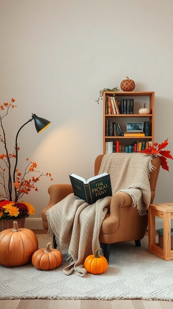 Cozy reading nook with an armchair, blanket, pumpkins, flowers, and a bookshelf