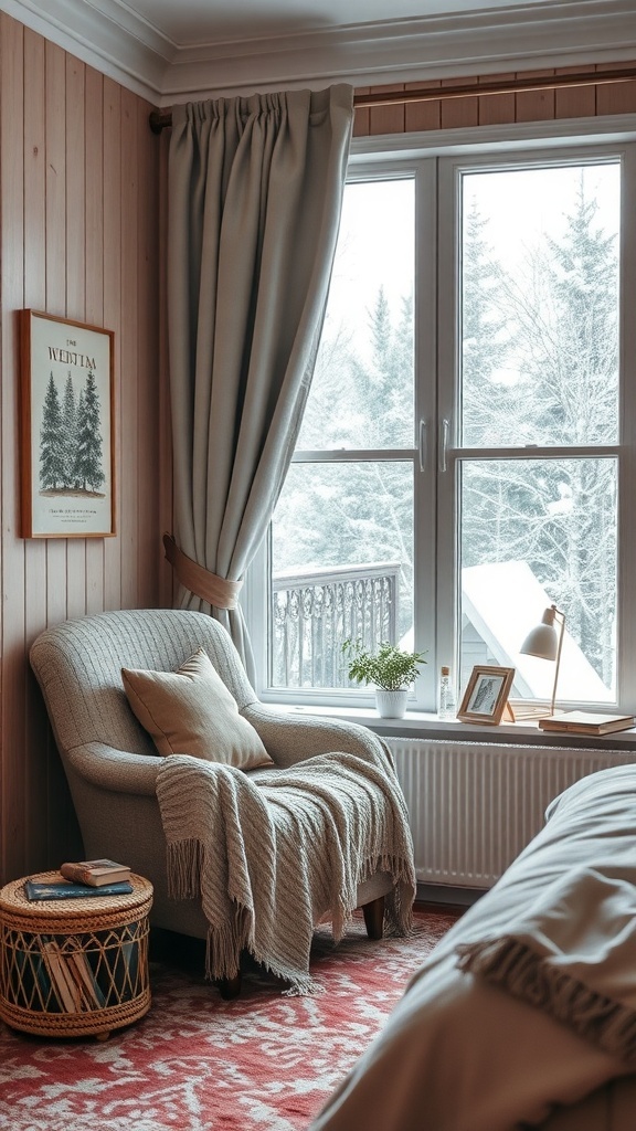 A cozy reading nook in a winter bedroom with a comfortable chair, blanket, and window view.