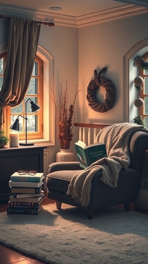 A cozy reading nook with a chair, blanket, and books in a winter bedroom setting.