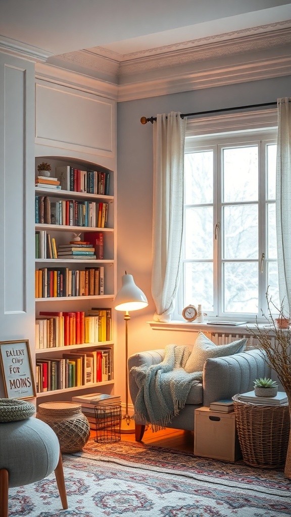 A cozy reading nook with a comfortable chair, a bookshelf filled with books, and a warm atmosphere.