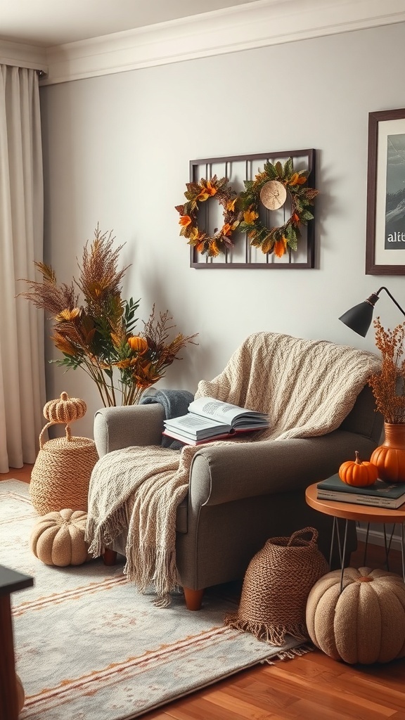 Cozy reading nook in a fall-themed living room with pumpkins, a warm blanket, and decorative elements.