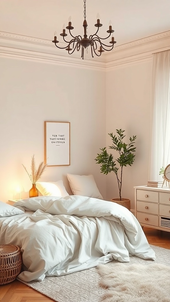 A cozy bedroom with soft white bedding, a chandelier, and natural decor elements.