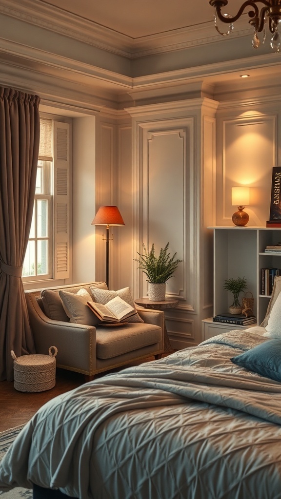 A cozy reading nook in a luxury bedroom with a comfortable armchair, warm lighting, and books.