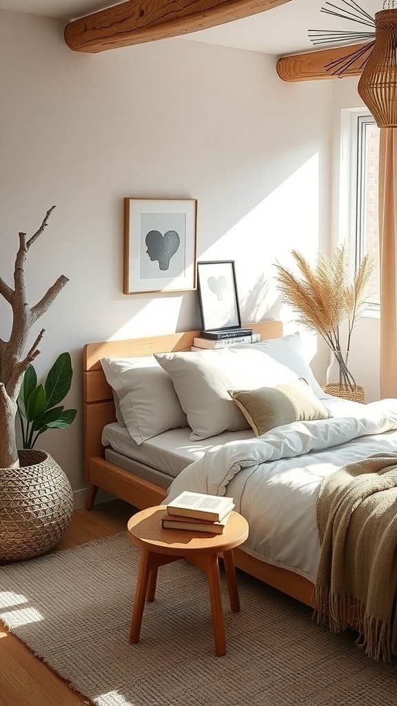 A cozy bedroom featuring soft bedding, earthy colors, and natural decor.