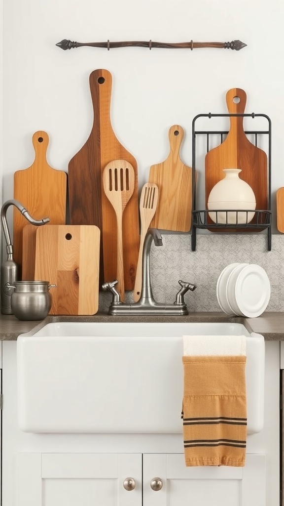 A farmhouse sink with wooden cutting boards and utensils displayed on the wall.