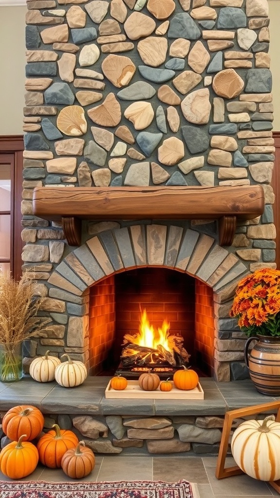 A rustic fireplace with stonework, decorated with pumpkins, pinecones, and autumn leaves.