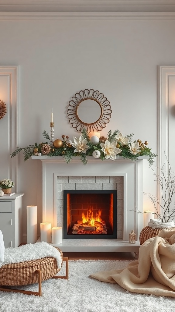 A cozy winter bedroom with a fireplace, soft blankets, and candles.