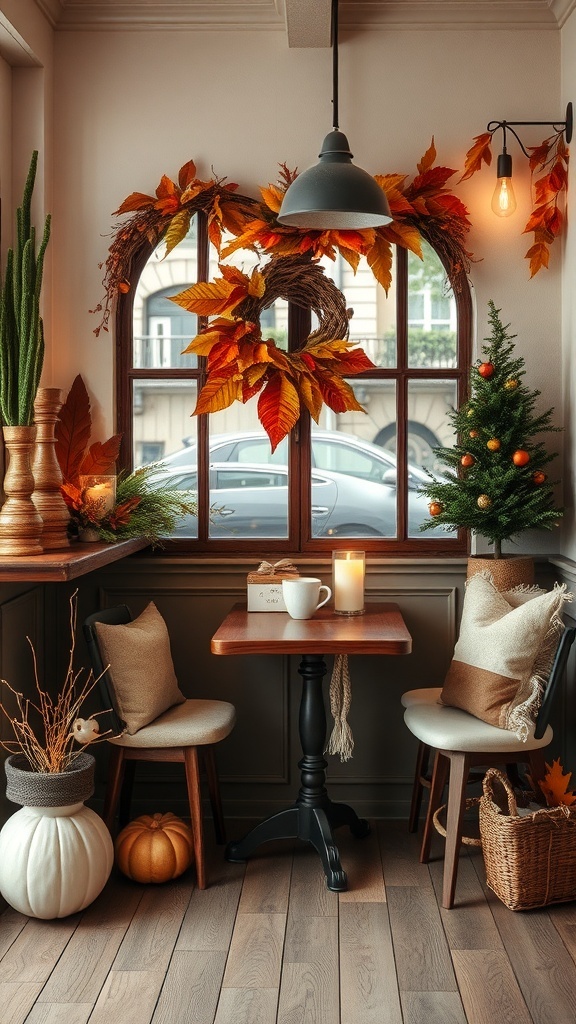 Cozy coffee nook decorated for autumn with pumpkins, a small tree, and a wreath of leaves.