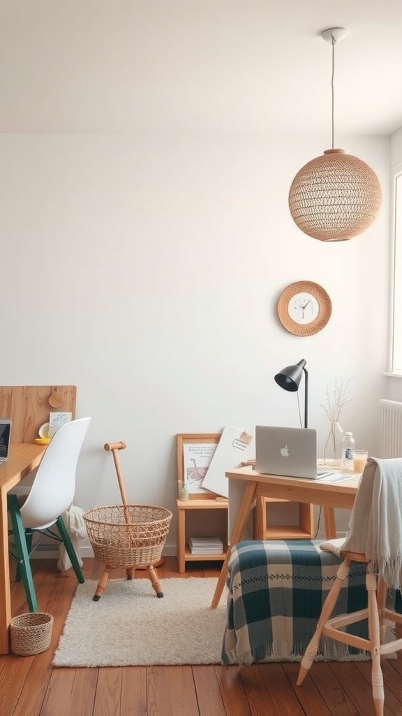 A bright and serene artist's room with wooden furniture, a cozy chair, and soft textures.