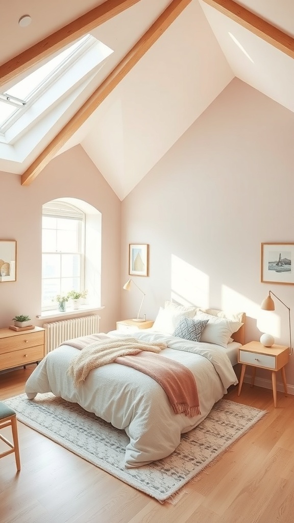 A serene loft bedroom with soft pink walls, wooden beams, and cozy bedding.