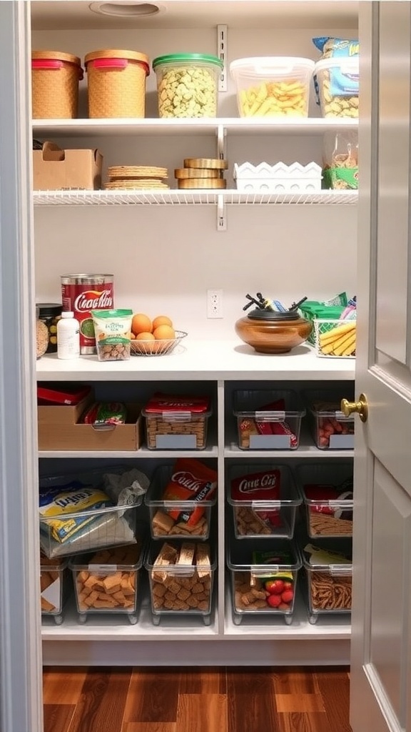 Organized pantry with clear bins and labeled snacks.
