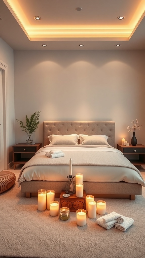 A luxurious bedroom with soft lighting, candles, and a serene atmosphere.