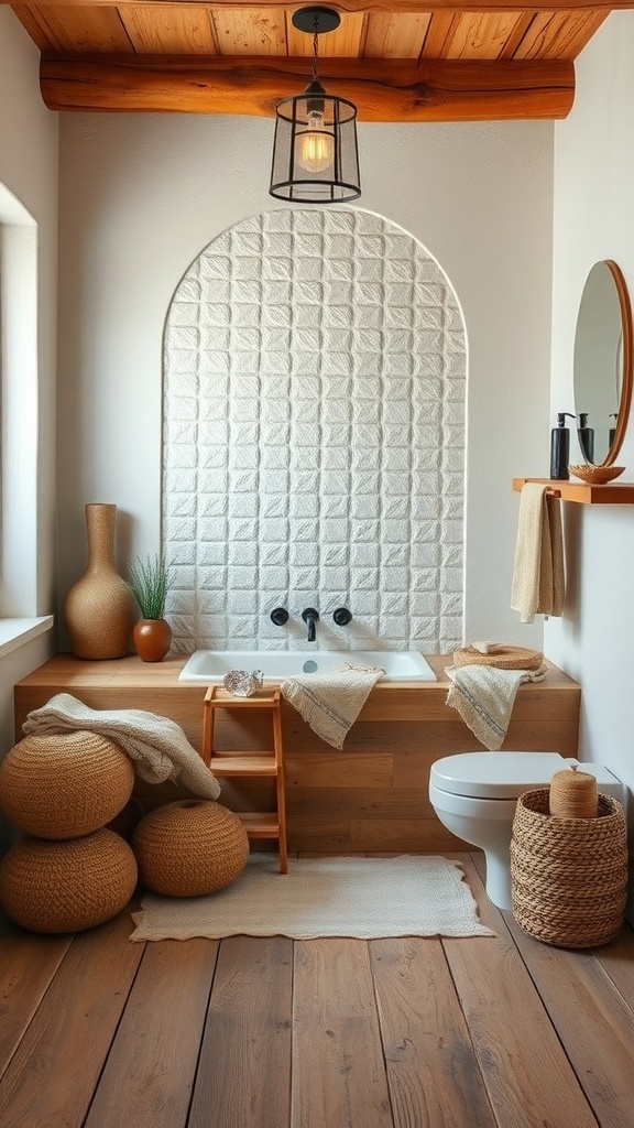 A rustic bathroom featuring wooden accents, a bathtub, and natural decor.