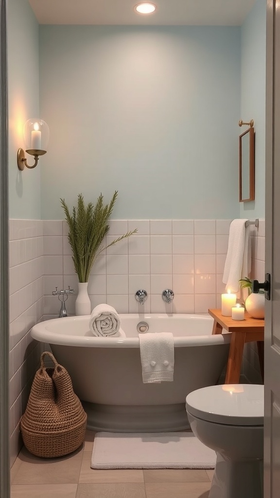 A small bathroom featuring a bathtub, candles, and decorative plants.
