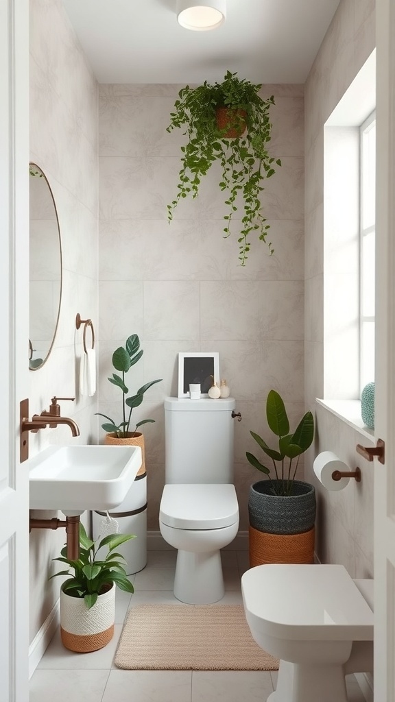 A small, minimalist bathroom featuring plants, a round mirror, and soft colors.