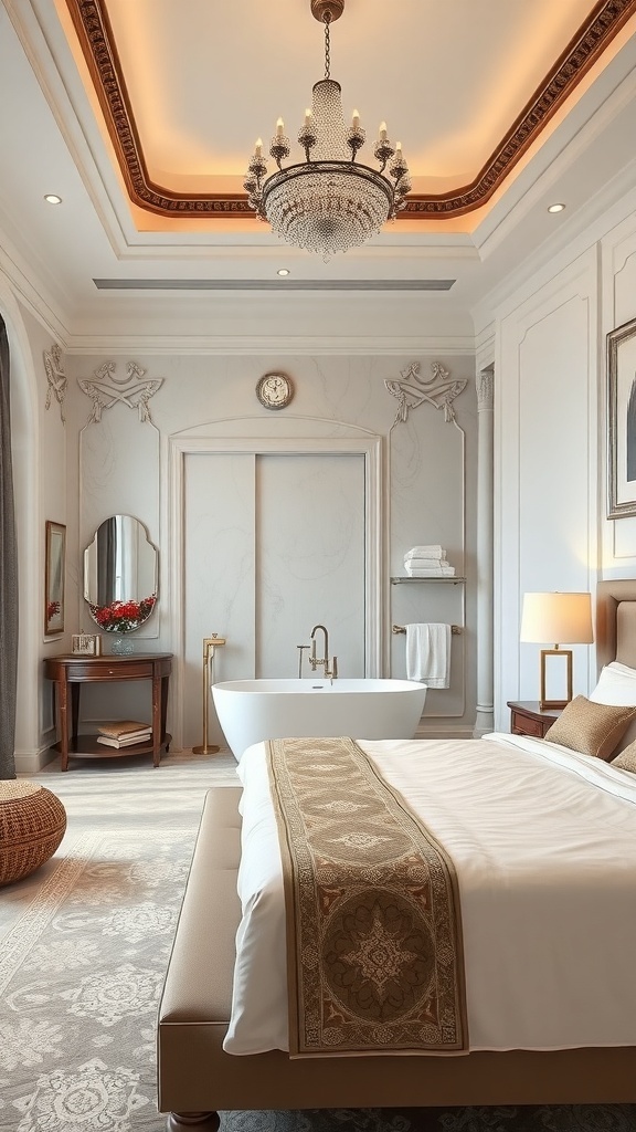 A beautifully designed master bedroom with a spa-like bathroom connection featuring a freestanding tub and elegant decor.