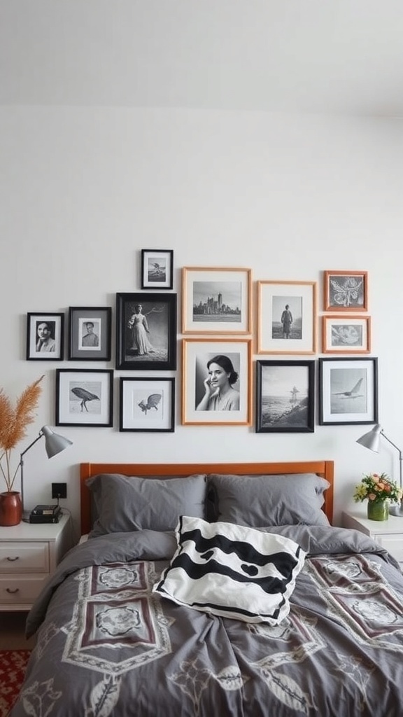 A stylish gallery wall with various framed pictures above a bed.