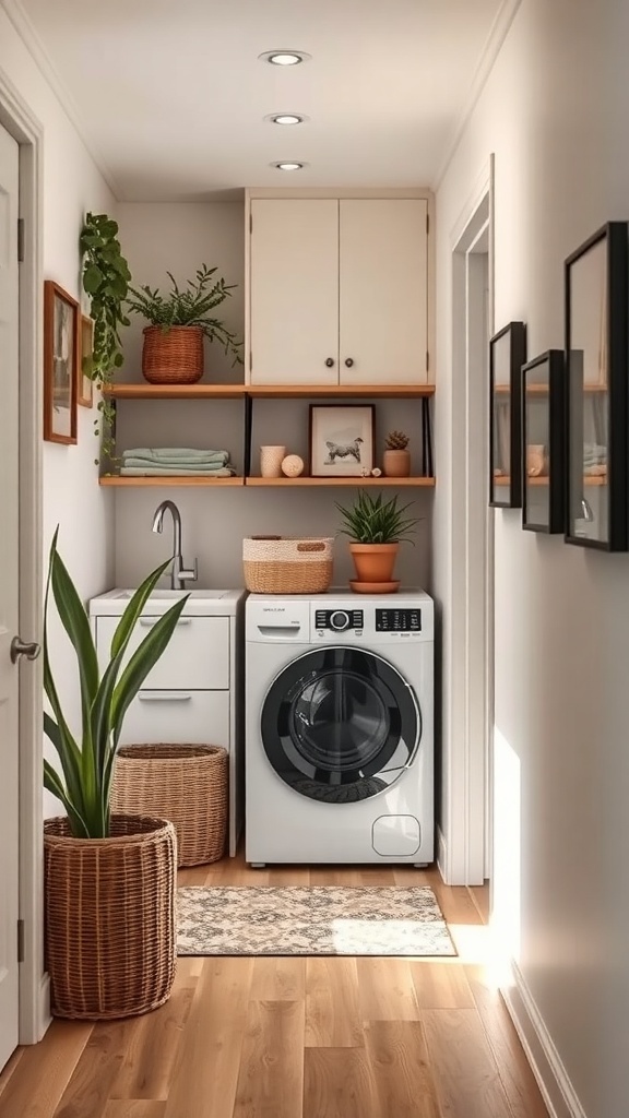 A stylish and organized small laundry room with a washer, sink, shelves, and plants.