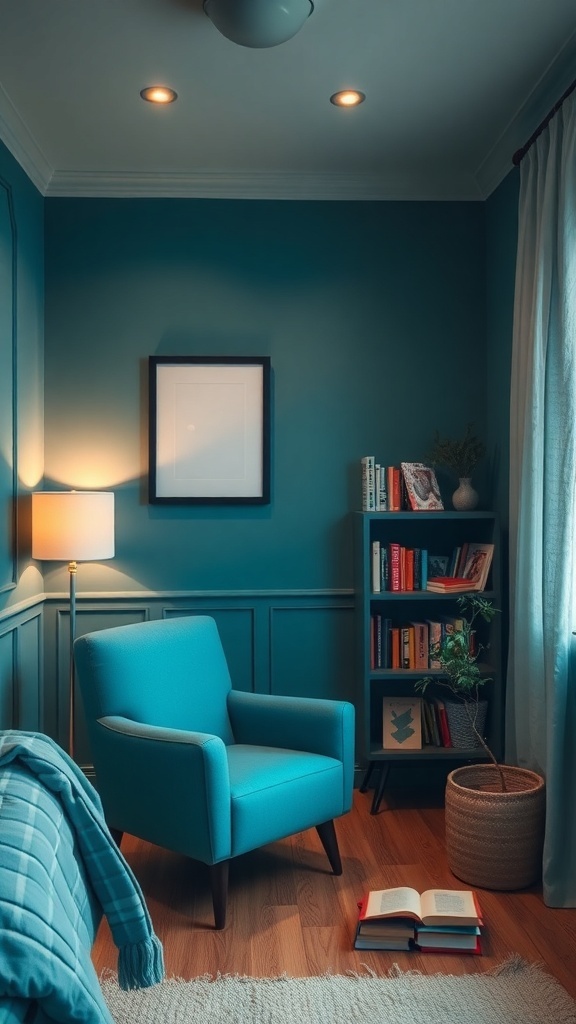 Cozy teal nook in a bedroom with a teal wall, a comfortable chair, a lamp, a bookshelf, and a plant.
